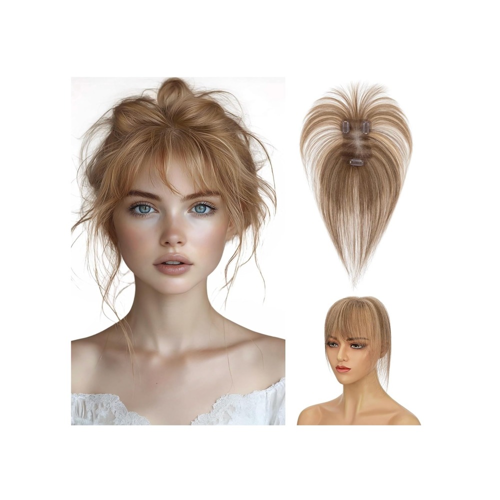 Hairro Clip In Bangs Remy Human Hair Topper 11" Medium Brown Dark Blonde #4P27